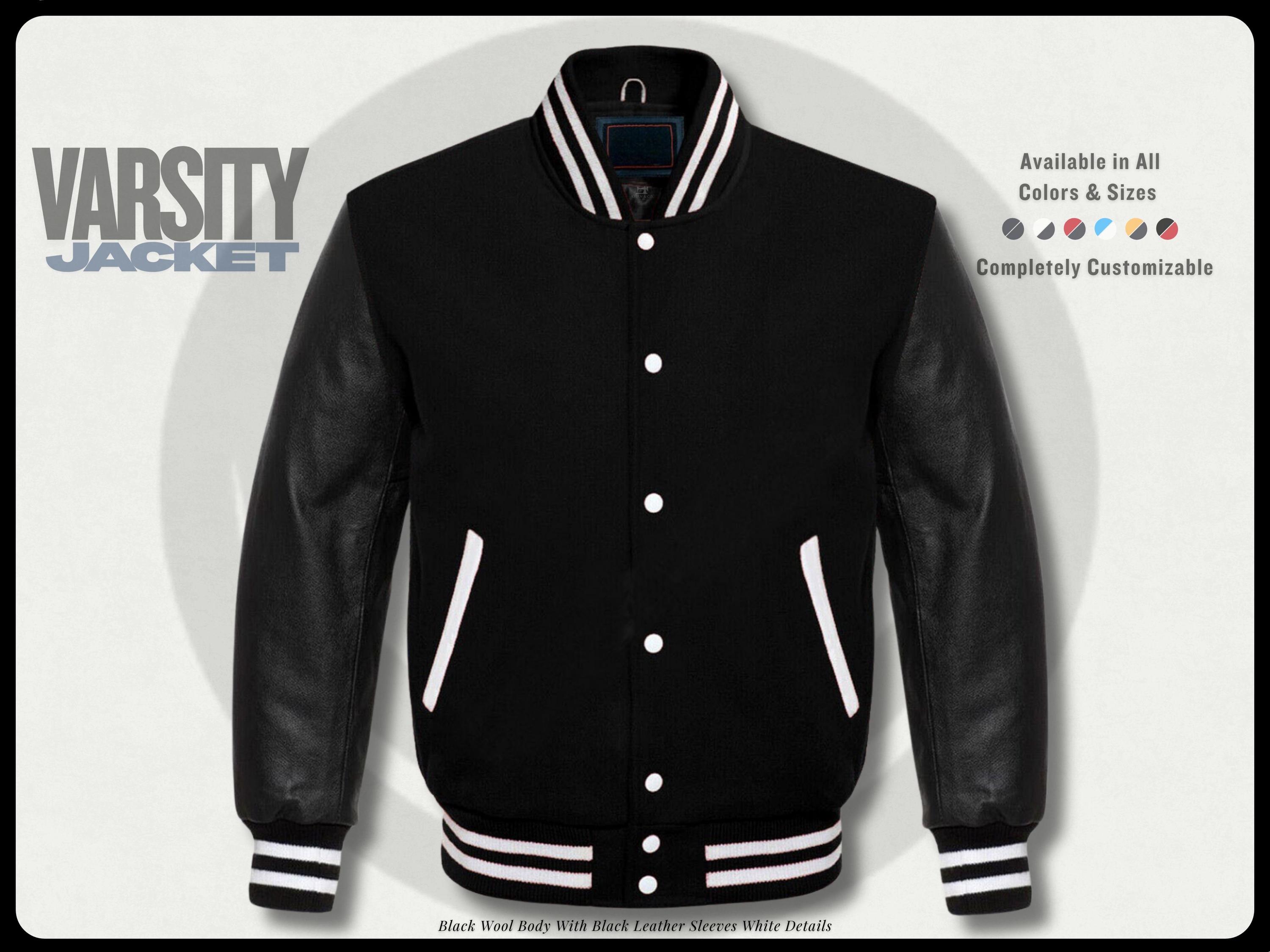Black Wool Varsity Jacket: Genuine Leather Sleeves, College