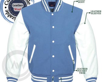 Blue Wool Varsity Jacket: Genuine Leather Sleeves, College Letterman