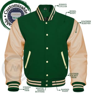 Men Letterman Baseball in Forest Green Wool and Genuine Cream Leather Sleeves Baseball College Varsity Jacket XS ~ 7XL Sizes