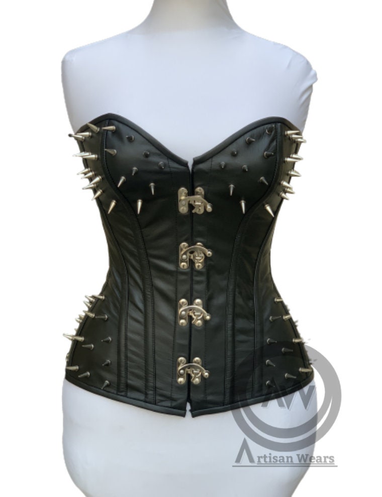 Women Handmade Black Leather Steel Boned Overbust Corset