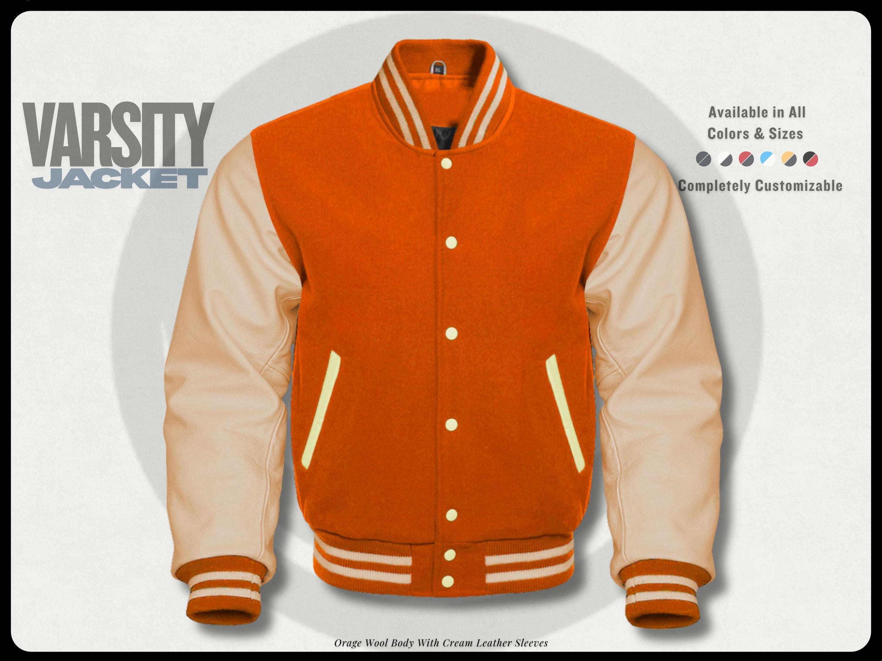 Orange Wool Varsity Jacket: Cream Leather Sleeves, College Letterman
