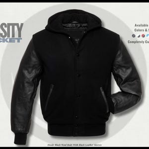 Hooded Varsity Jacket: Black Wool & Genuine Leather Sleeves