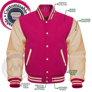 Varsity Letterman Baseball jacket in Pink Wool and Genuine Cream Leather Sleeves with pink ribs College Jacket XS ~ 7XL Sizes