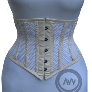 Women Handmade Cream Cotton White Mesh Steel Boned Underbust Corset Truly Waist Cincher Mesh Hourglass- Gift for her