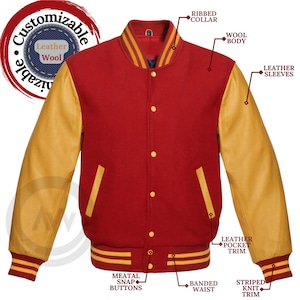 Chaqueta de béisbol de Varsity Letterman en lana roja y mangas de cuero genuino dorado, tallas XS a 7XL