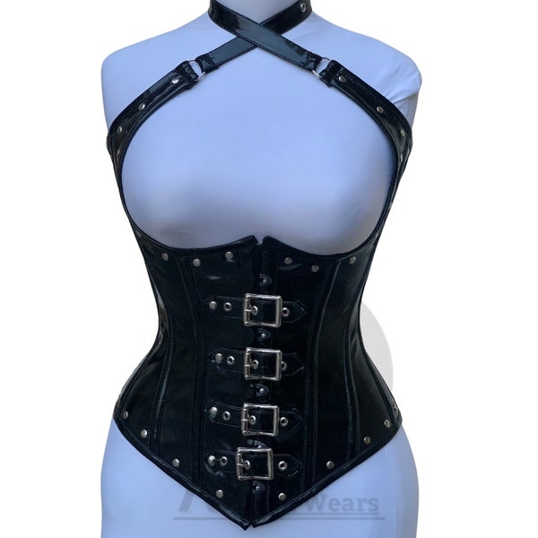 Women Handmade Corset Black PVC Steel Boned Underbust Corset With Front Buckles Neck Straps Truly Waist Cincher PVC Hourglass Gift for her