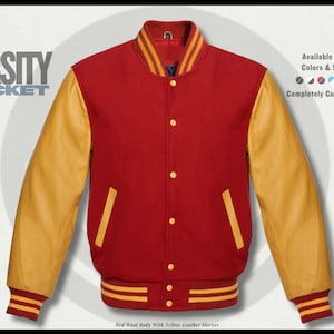 Red Wool Varsity Jacket: Genuine Yellow Leather Sleeves