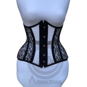 Custom Women Handmade Black and white Mesh Steel Boned Underbust Corset Truly Waist Cincher Waspie Corset Mesh Hourglass- Gift for her