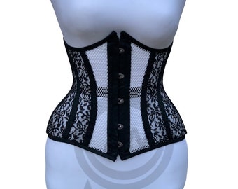 Corset sous la poitrine désossé en acier noir et blanc fait à la main pour femmes, véritable serre-taille, corset en maille sablier, sablier - cadeau pour elle