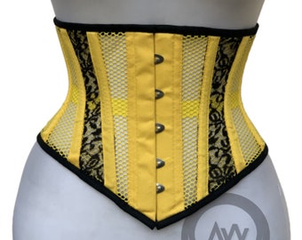 Custom Corset Handmade Underbust Yellow Black Cotton Mesh Corset Steel Boned Waist Cincher Waspie Corset shape wear gift for her Easter sale