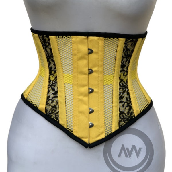 Custom Corset Handmade Underbust Yellow Black Cotton Mesh Corset Steel Boned Waist Cincher Waspie Corset shape wear gift for her Easter sale