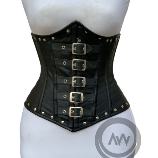 Underbust corset Custom Handmade Black Leather Steel Boned Corset Waist Cincher Hourglass with Front Buckles renaissance corset for women