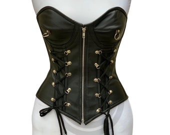 Handmade Black Leather Overbust Corset: Steel Boned Waist Cincher