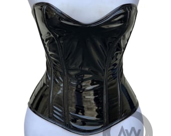 Handmade Black PVC Corset: Steel Boned Waist Cincher
