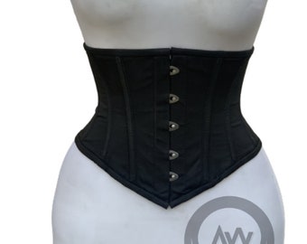 Custom black Corset Handmade Underbust Black Cotton Steel Boned Waist Cincher Waspie corset Hourglass shape wear Gift for her