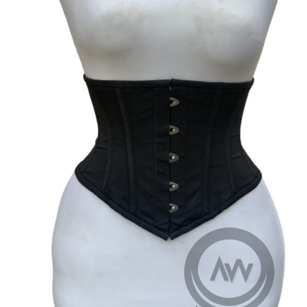 Custom black Corset Handmade Underbust Black Cotton Steel Boned Waist Cincher Waspie corset Hourglass shape wear Gift for her