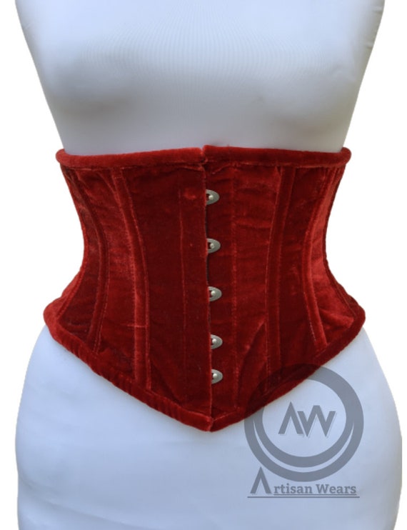 Handmade Red Velvet Corset: Steel Boned Hourglass Waist Cincher