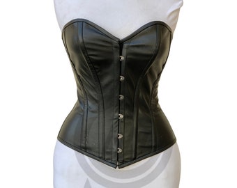 Corsé de sobrebusto deshuesado de acero de cuero negro elegante personalizado - Cincher de cintura hecho a mano para mujeres