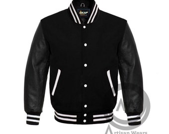 Varsity Letterman Baseball in Black Wool and Genuine Black Leather Sleeves with white ribs College Jacket XS ~ 7XL Sizes