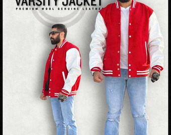 Blue Wool Varsity Jacket: Genuine White Leather Sleeves, College