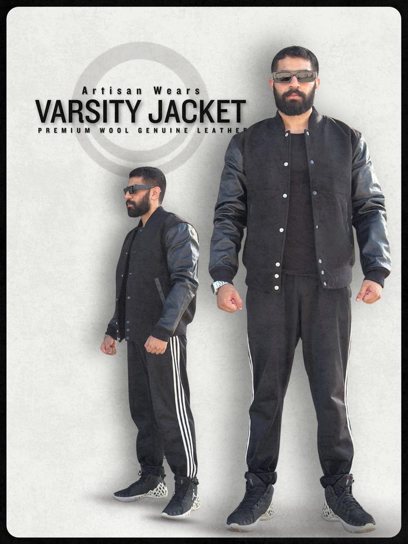 MuzandMudi Black Nero Varsity Jacket – Wool Body, Real Leather Sleeves, Unisex College Letterman Bomber (2XS-7XL)