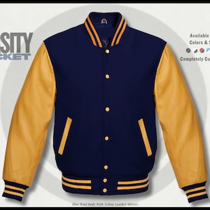 Navy Wool Varsity Jacket: Yellow Leather Sleeves, Letterman Baseball Style