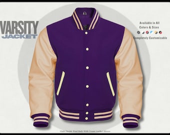 Purple Wool Varsity Jacket: Cream Leather Sleeves, College Style