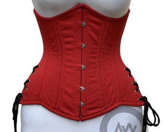 Custom Handmade Underbust Red Cotton Steel Boned Corset Waist Cincher Hourglass- Gift for her