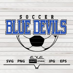 May include: A soccer-themed graphic with the words "SOCCER BLUE DEVILS" in blue and white, above a black and white soccer ball illustration. Below the ball are the file type options: SVG, PNG, JPG, and EPS.