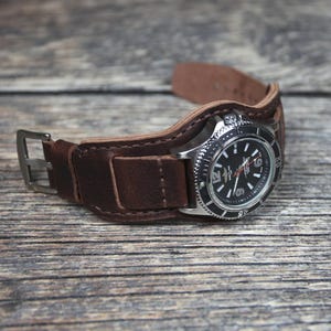 Handmade Dark Brown Leather Bund Watch Strap: Italian Veg Tan, Military Style
