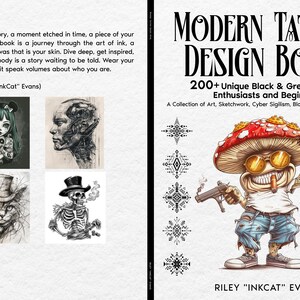 May include: A book cover titled "Modern Tattoo Design Book" with illustrations. The cover features a mushroom character with sunglasses, a cigar, and a gun. The book offers 200+ black and grey tattoo ideas for enthusiasts and beginners.