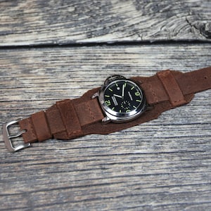 Handmade Brown Leather Bund Watch Strap: Military Cuff Band