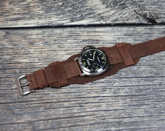 Handmade Brown Leather Bund Watch Strap: Military Cuff Band