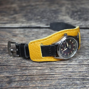 Limited edition leather watch band 18mm 20mm 22mm 24mm Black watch band with a Yellow cuff, Handmade bund strap