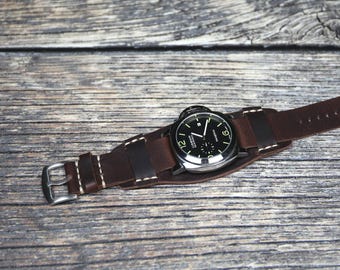 Handmade Badalassi Leather Watch Band: Dark Brown Aviator Cuff Strap