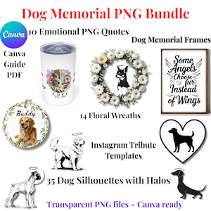 Paquete PNG de conmemoración de perro, imágenes prediseñadas de pérdida de mascota, marcos imprimibles para perros, arte del puente arcoíris, citas de Canva, coronas florales, siluetas