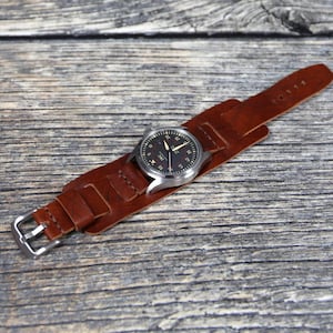 Handmade Brown Leather Cuff Watch Strap: Vintage Style Bund Band
