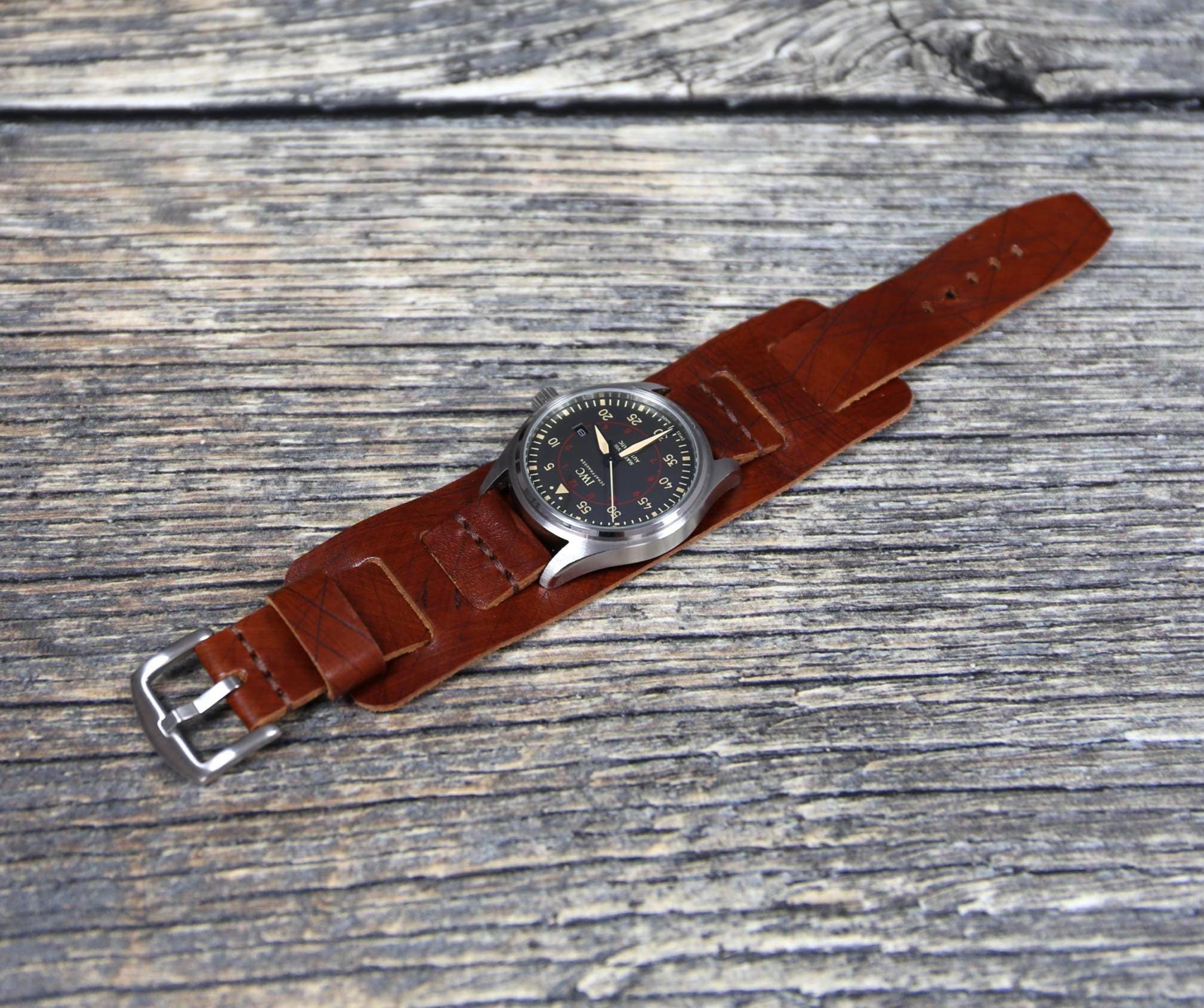 Handmade Brown Leather Cuff Watch Strap: Vintage Style Bund Band