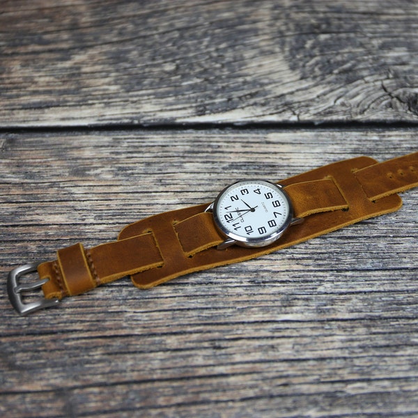 Brown leather watch strap Vintage style 18mm 20mm 22mm 24mm Handmade bund band Leather cuff watch band