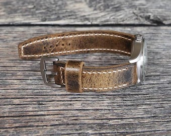 Leather Watch Strap | Vintage Style Brown | 18mm 20mm 22mm 24mm 26mm | Handmade Wrist Band