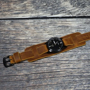 Handmade Brown Leather Watch Strap: Vintage Cuff Bund Band (18mm-24mm)