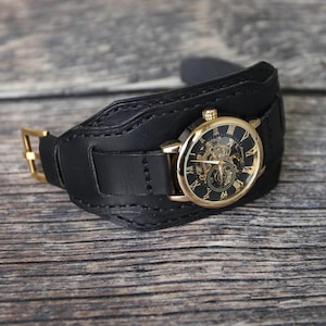 Leather watch band 18mm 20mm 22mm 24mm, Black Badalassi leather bund band, Handmade cuff watch strap, Last minute gift for men