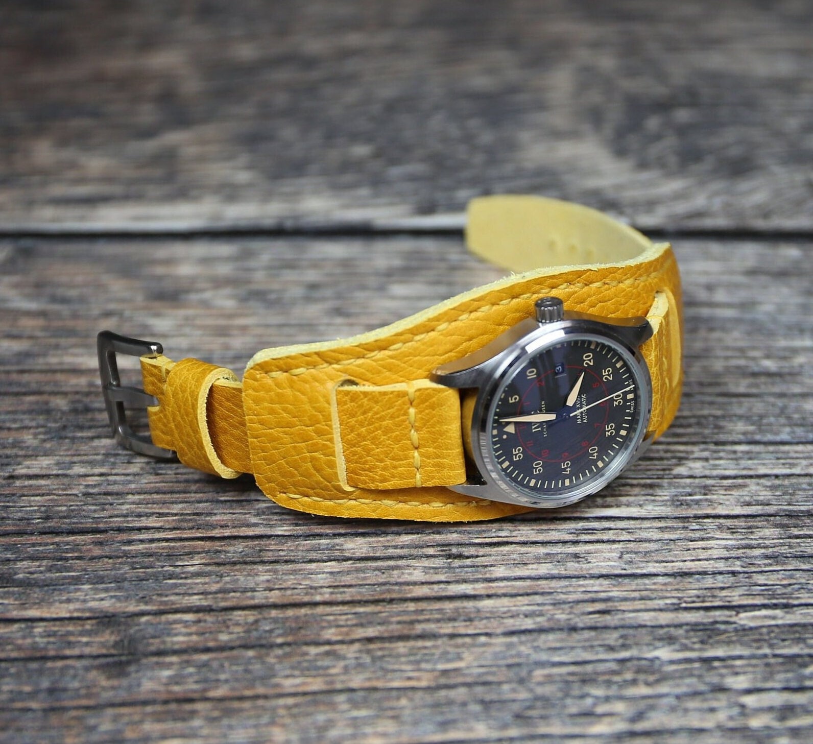 Handmade Yellow Leather Watch Band: Military Style Cuff Strap 18-14mm