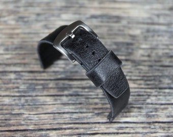 Handgefertigtes schwarzes Vollrindleder Armband: 18 mm, 20 mm, 22 mm, 24 mm