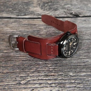 Handmade Aviator Leather Watch Strap: Brown Bund Cuff Band