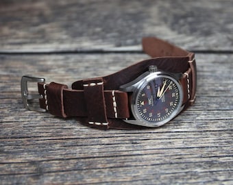 Handmade Dark Brown Leather Bund Watch Strap: Military Style Cuff