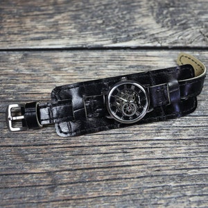 Black leather watch strap 20mm Handmade cuff watch band
