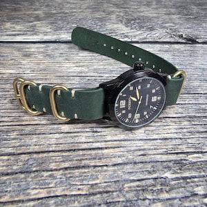 Green Leather Watch Band 18-24mm, length 280mm, One-Piece Military Strap
