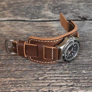 Horween Leather Bund Watch Strap: Handmade Aviator Cuff Band