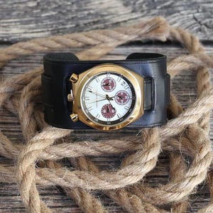 Handmade Black Leather Cuff Watch Band with Quartz Watch - Premium Bund Strap included with Wrist Watch, bullhead watch, Luxury gift for men